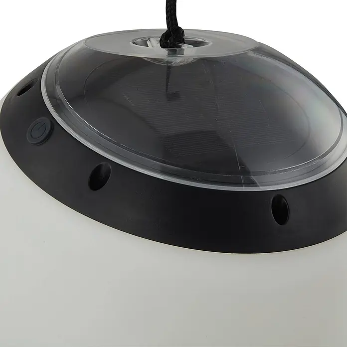 Lindby LED Hängelampe außen in weiß, schwarz, dimmbar Pendelleuchte -  - Weißes Solar-Schwimmlicht, schwarzer Sockel, klare Kuppel mit Solarpanel, Einschaltknopf und Seilgriff.