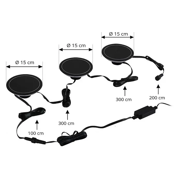 Lindby LED Gartenlampe Erdspieß Smart Home in schwarz, weiß, dimmbar -  - Drei schwarze runde Außenleuchten (Ø 15 cm) mit Kabeln (100 cm, 300 cm, 300 cm) und 200 cm Netzteilkabel.