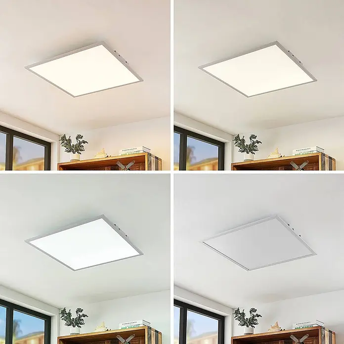Lindby LED-Panel Luay - weiß / opal, weiß / opal - Quadratische LED-Deckenleuchte mit grauem Rahmen, zeigt warmes, neutrales, kaltes weißes Licht & aus. An Zimmerdecke montiert.