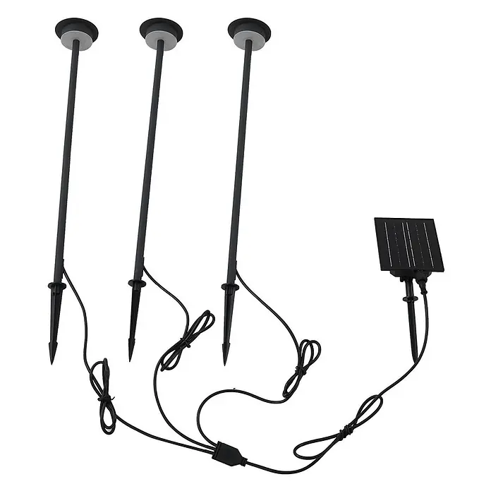 Lindby Erdspießleuchte Lyris -  - Drei dunkelgraue Solar-Wegleuchten mit Erdspießen und ein separates schwarzes Solarpanel, über Kabel verbunden, für den Außenbereich.