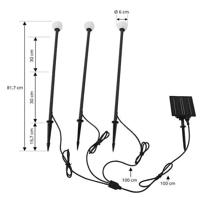 Lindby LED Solar Gartenlampe Erdspieß in schwarz matt, Erdspießlampe -  - Drei schwarze Solar-Gartenleuchten mit weißen Kugelköpfen, Erdspießen und Solarpanel. Höhe 81,7 cm, Kugel-Ø 6 cm.