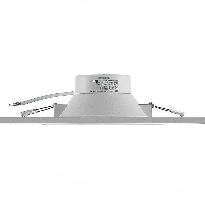 Prios Deckenstrahler Rida - weiß / opal, weiß / opal - Weißer LED-Einbaustrahler mit sichtbaren elektrischen Anschlüssen und Produktetikett.