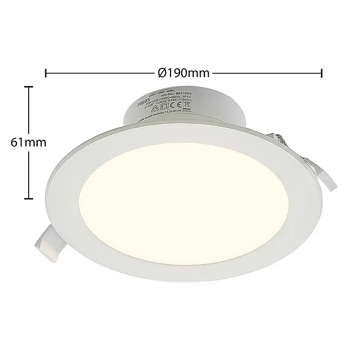 Prios Deckenstrahler Rida - weiß / opal, weiß / opal - Runde, weiße LED-Einbauleuchte mit sichtbaren Abmessungen: Ø190mm Durchmesser, 61mm Höhe.