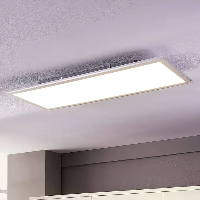 Lindby LED-Panel Livel - alu / grau / zink, weiß / opal, Neutralweiß - Rechteckige LED-Deckenleuchte mit silbernem Rahmen, die helles, gleichmäßiges Licht spendet.