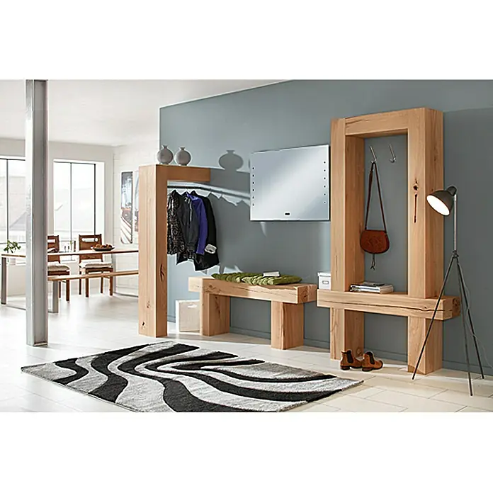 Massiv Blox Holzbalken - L x B x H: 120 x 15 x 15 cm, Buche - Einladende Garderobe aus hellem Holz mit Bank, Kleiderstange und Spiegel, die Funktionalität und modernes Design vereint.