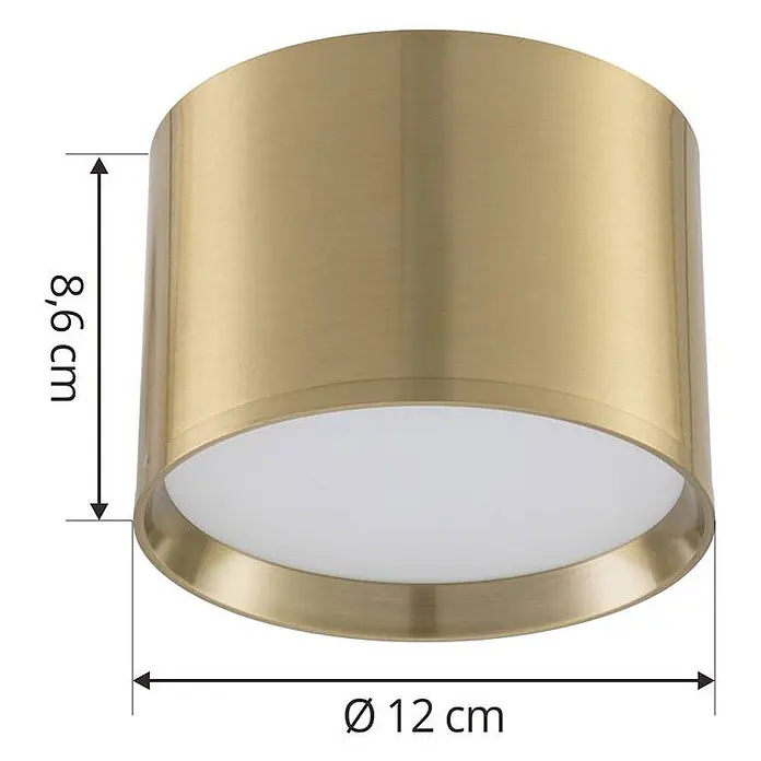 Lindby LED Aufbauleuchte gold Ø 12 cm, Aufbaustrahler, Deckenspot 15W LED -  - Zylindrische Deckenleuchte aus gebürstetem Messing mit weißem Diffusor. 8,6 cm hoch, 12 cm Durchmesser.