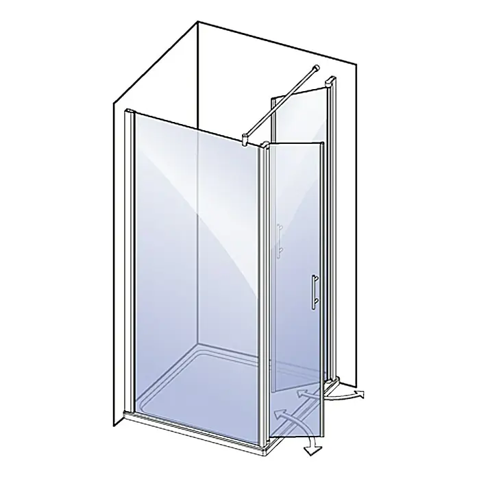 Camargue Vario Duschwand für Doppelpendeltür S36 - B x H: 80 x 195 cm, Beschichtet, Silber - Illustration einer Duschkabine mit Schwenktür und klarem Glas, die ein modernes Badezimmerdesign zeigt.