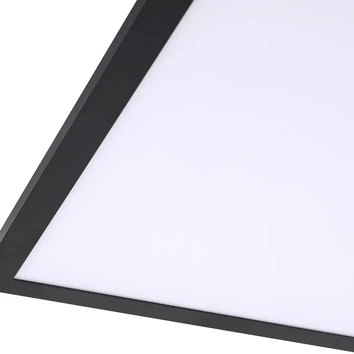 Lindby LED-Panel Enhife - schwarz, Neutralweiß - Nahaufnahme einer quadratischen LED-Deckenleuchte mit schlankem schwarzem Rahmen und heller weißer Leuchtfläche.