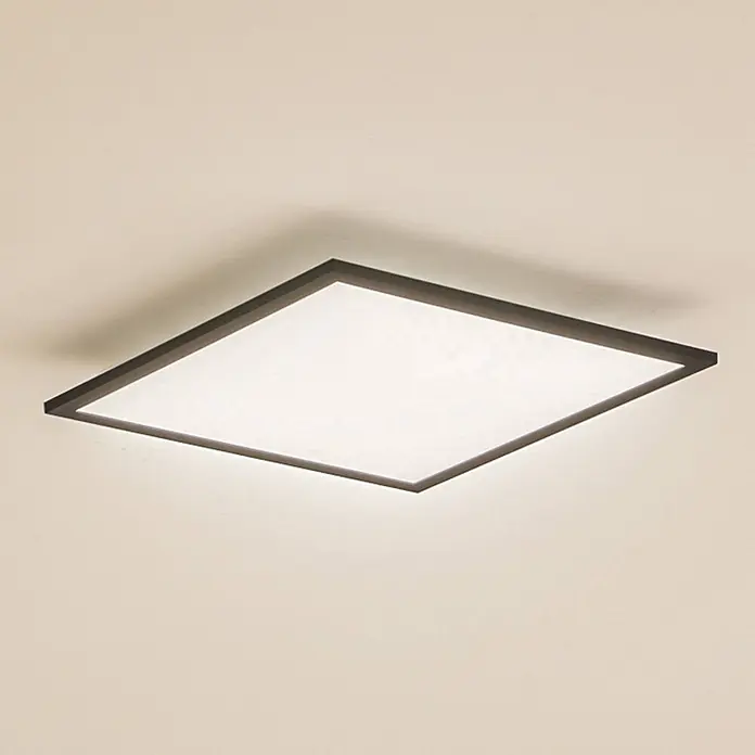 Lindby LED-Panel Enhife - schwarz, Neutralweiß - Flache quadratische LED-Deckenleuchte mit dunklem Rahmen und heller weißer Fläche.