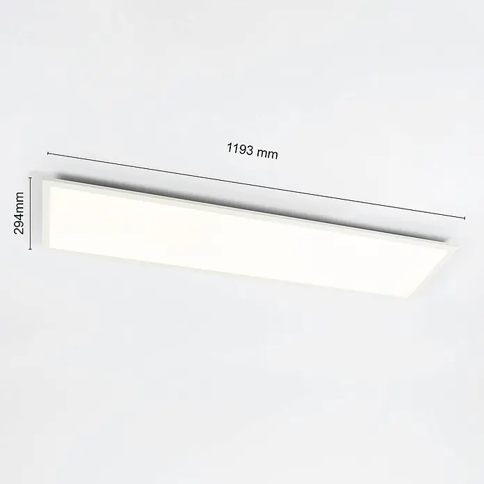 Lindby LED-Panel Luay - weiß / opal, weiß / opal - Weißes, rechteckiges LED-Panel, 1193x294mm, mit Maßen dargestellt.