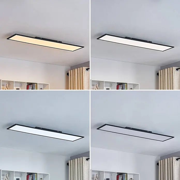 Lindby LED-Panel Lamin - schwarz - Eine schwarze, rechteckige LED-Deckenleuchte, die verschiedene einstellbare Lichtfarben von warmweiß bis kaltweiß zeigt.