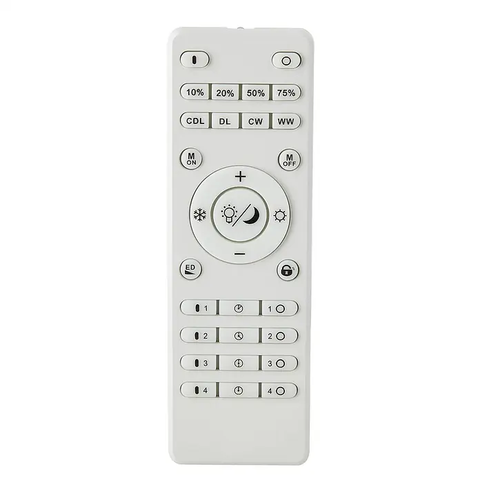 Lindby LED-Panel Lamin - schwarz - Weiße Fernbedienung für intelligente Beleuchtung, mit Tasten für Helligkeit, Farbtemperatur, Speicherfunktionen und Timer.