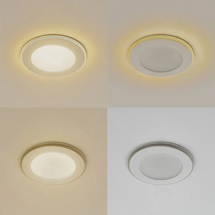 Lindby Einbauleuchte Toka - weiß / opal - Runde LED-Deckenleuchte, die verschiedene Lichttemperaturen von warmweiß bis kaltweiß zeigt.