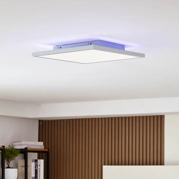 Lindby LED Panel / Deckenleuchte 40 x 40 cm, dimmbar, mit Fernbedienung -  - Quadratische LED-Deckenleuchte mit weißem Diffusor, grauem Rahmen und violetter indirekter Hintergrundbeleuchtung.