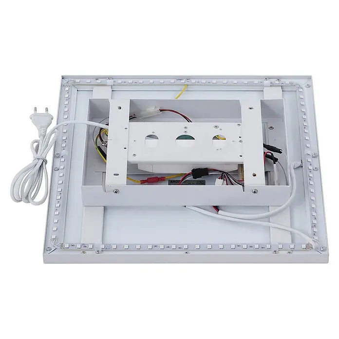 Lindby LED Panel / Deckenleuchte 40 x 40 cm, dimmbar, mit Fernbedienung -  - Rückseite eines weißen LED-Lichtpanels mit interner Verkabelung, Netzteil und LED-Streifen. Weißes Netzkabel angeschlossen.