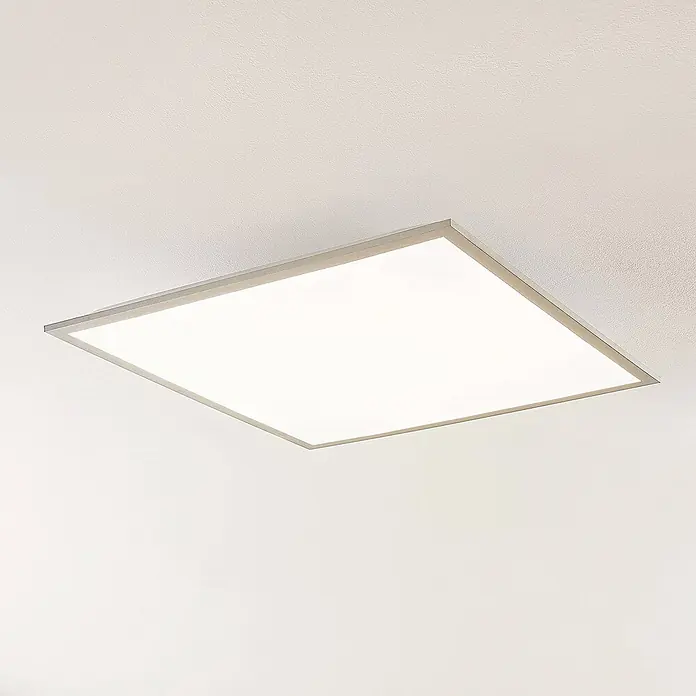 Lindby LED-Panel Stenley - weiß / opal, Neutralweiß - Eine moderne, quadratische LED-Deckenleuchte mit schlankem silbernem Rahmen.