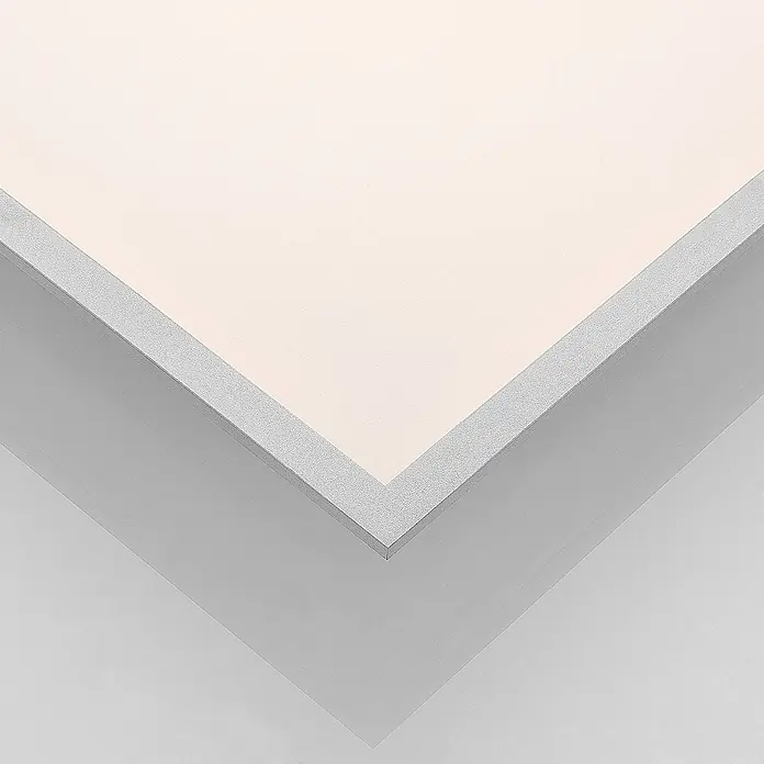 Lindby LED-Panel Stenley - weiß / opal, Neutralweiß - Rechteckige LED-Deckenleuchte mit hellcremefarbener diffuser Oberfläche und texturiertem grauem Rahmen.