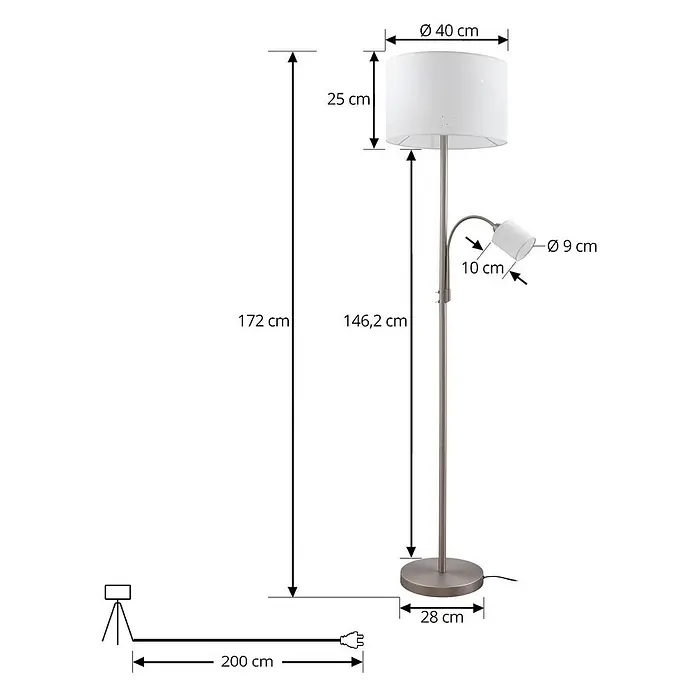 Lindby Stehlampe Leselampe in weiß, grau, up down Stehleuchte -  - Stehleuchte aus gebürstetem Metall mit weißem Stoffschirm und verstellbarer Leseleuchte. Maße sind angegeben.