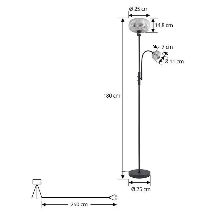 Lindby Stehlampe Leselampe in rauchgrau, schwarz, Stehleuchte -  - Schwarze Stehleuchte mit texturierter Hauptleuchte (25 cm Ø) und verstellbarem Strahler (11 cm Ø). Gesamthöhe 180 cm, Kabel 250 cm.