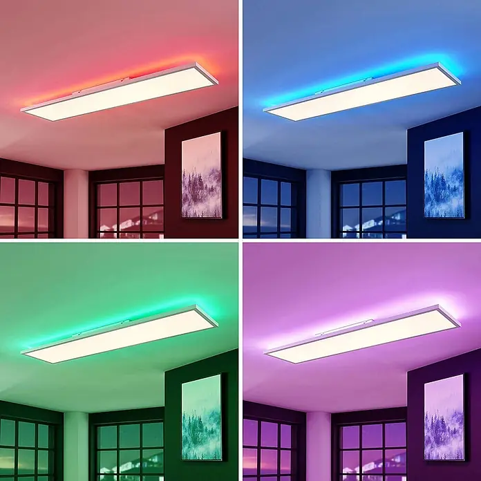 Lindby LED Panel / Deckenleuchte 119,5 x 29,5 cm, dimmbar, Leuchtmittel -  - Rechteckige LED-Deckenleuchte mit weißem Panel und farbiger RGB-Hintergrundbeleuchtung.