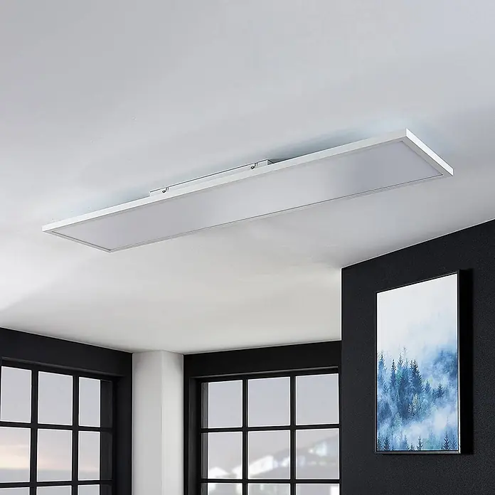 Lindby LED Panel / Deckenleuchte 119,5 x 29,5 cm, dimmbar, Leuchtmittel -  - Modernes weißes rechteckiges LED-Deckenlichtpaneel an der Decke montiert.