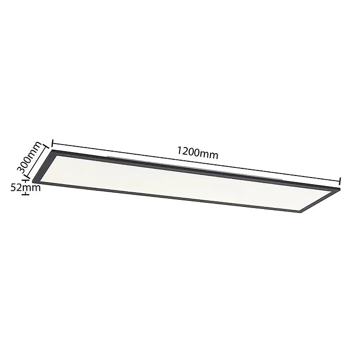 Lindby LED-Panel Nelios - schwarz, schwarz, Neutralweiß - Rechteckige LED-Deckenleuchte mit dunkelgrauem Rahmen und weißem Diffusor. Maße: 1200x300x52mm.