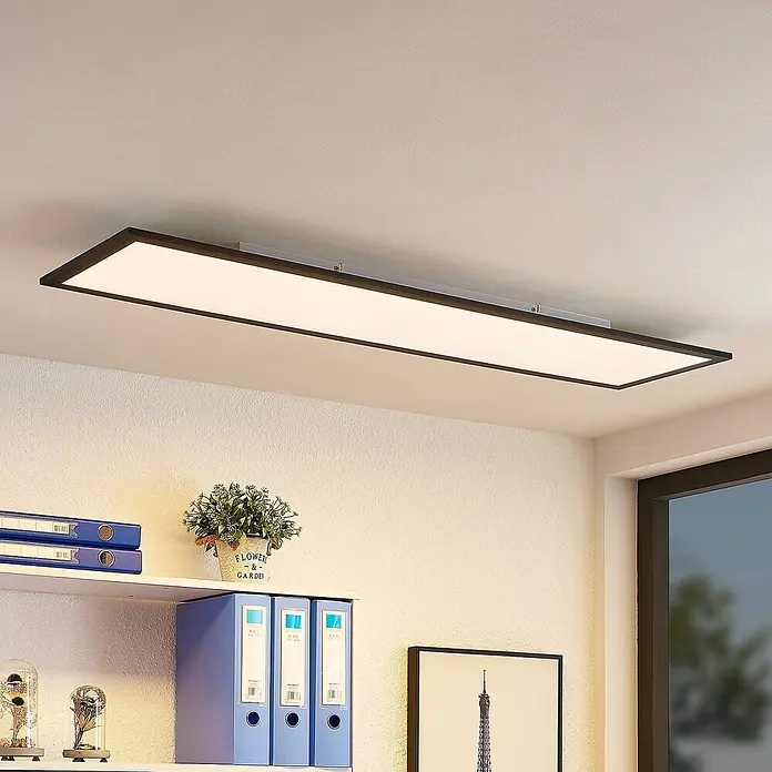 Lindby LED-Panel Nelios - schwarz, schwarz, Neutralweiß - Rechteckige LED-Deckenleuchte mit schwarzem Rahmen und weißem Diffusor, beleuchtet einen Büroraum.