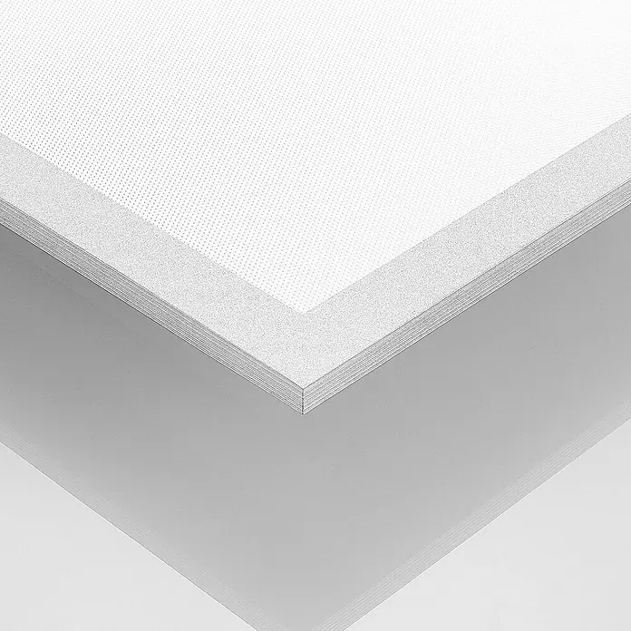 Arcchio LED Deckenleuchte flach in silber, Panel -  - Gestapelte weiße, strukturierte Akustikdeckenplatten, die ihre perforierte Oberfläche und Kanten zeigen.