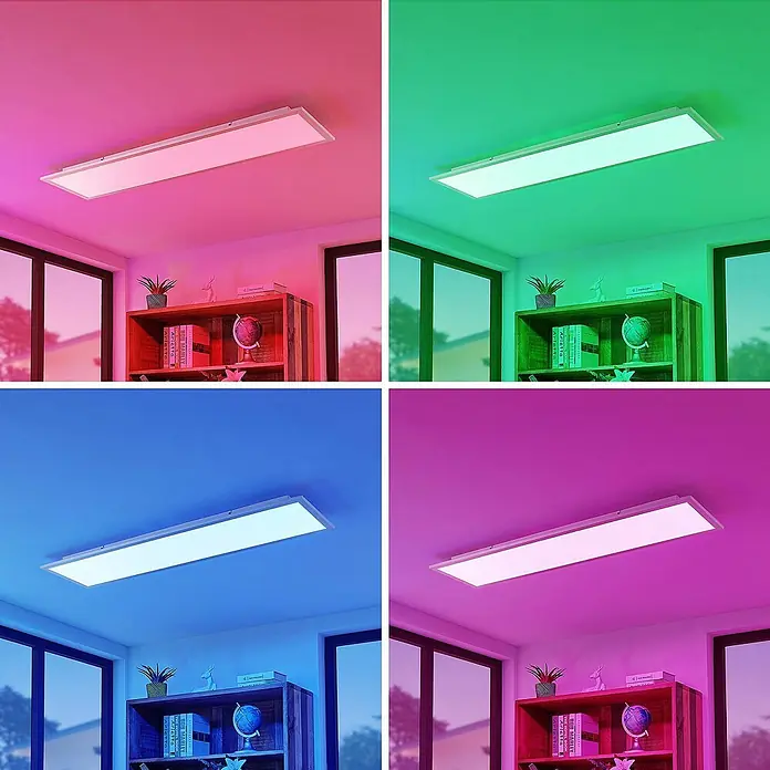 Lindby LED-Panel Kjetil - alu / grau / zink - Rechteckige LED-Deckenleuchte, die einen Raum in Rosa, Grün, Blau und Violett beleuchtet.