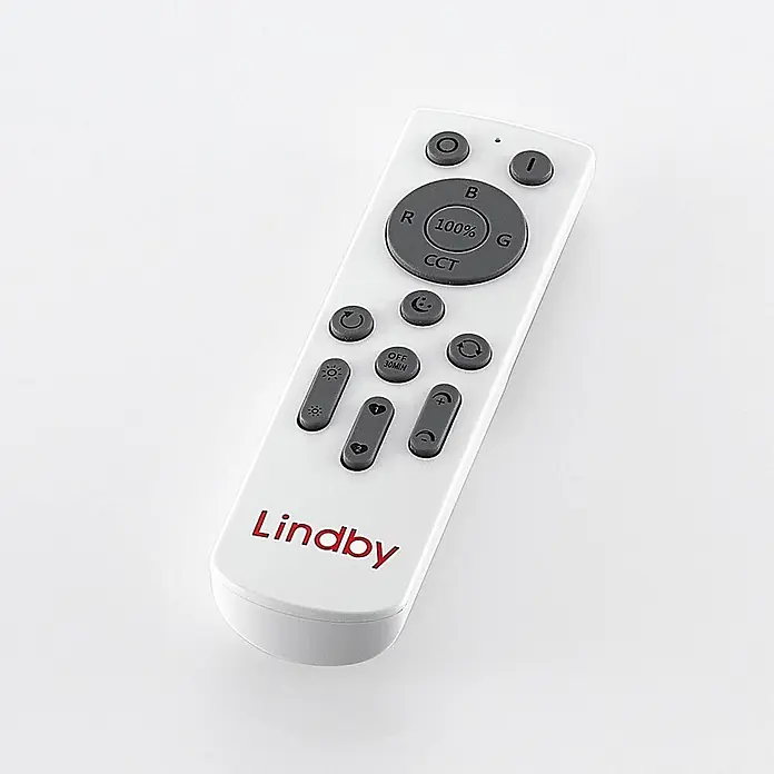 Lindby LED-Panel Kjetil - alu / grau / zink - Weiße Lindby-Fernbedienung mit grauen Tasten. Sie steuert RGB, CCT, Helligkeit und einen 30-Minuten-Ausschalttimer.