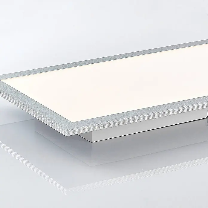 Lindby LED-Panel Kjetil - alu / grau / zink - Rechteckige LED-Panel-Leuchte mit silbergrauem Rahmen, die hellweißes Licht abstrahlt.
