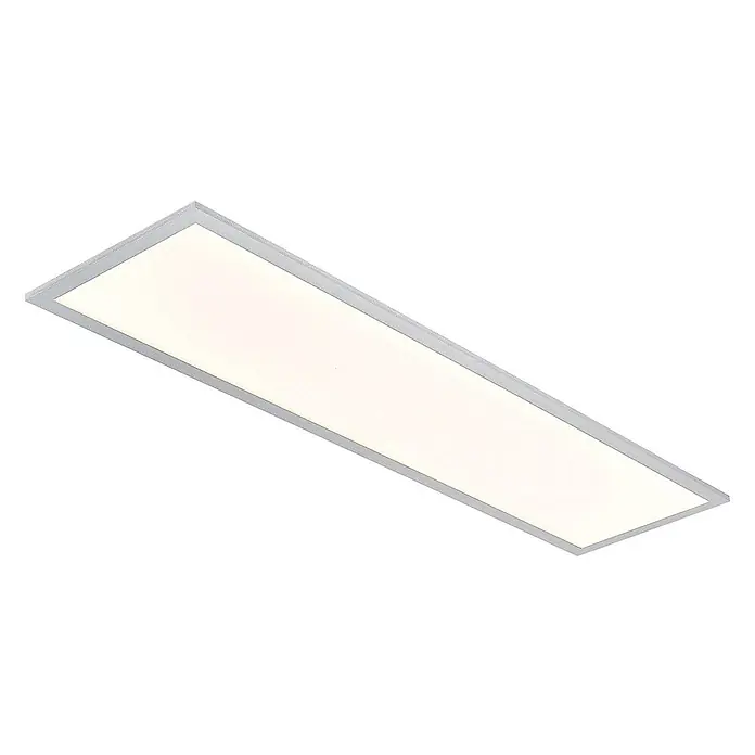 Lindby LED-Panel Kjetil - alu / grau / zink - Rechteckige LED-Panel-Leuchte mit silbernem Rahmen, die hellweißes Licht abstrahlt.