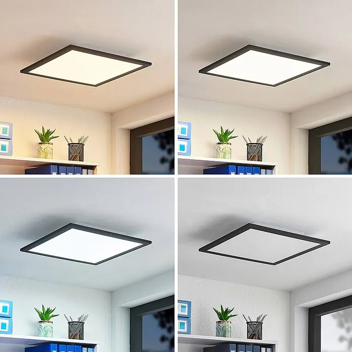 Lindby LED-Panel Nelios - schwarz, schwarz, Neutralweiß - Quadratische schwarze LED-Deckenleuchte beleuchtet einen Raum, zeigt einstellbare Lichtfarben von warm- zu kaltweiß.