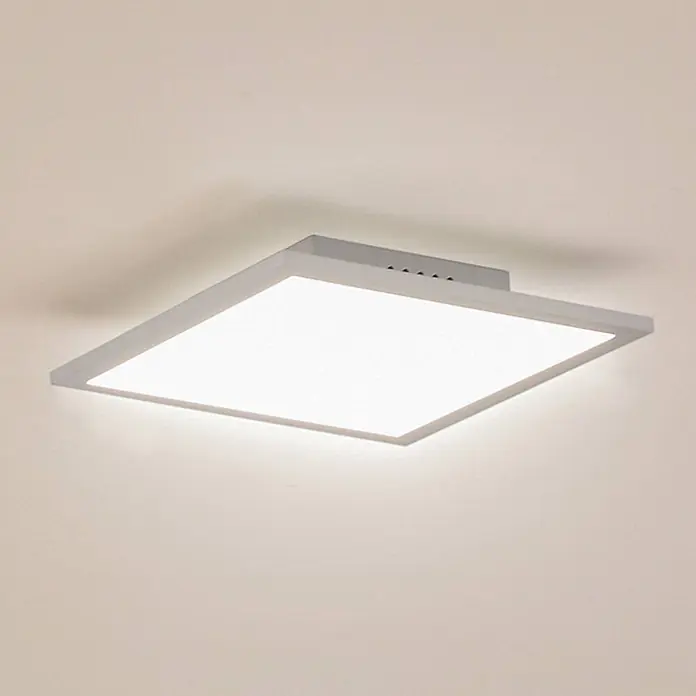 Lindby LED-Panel Enhife - weiß / opal, Neutralweiß - Quadratische LED-Deckenleuchte mit silbernem Rahmen, auf Putz montiert, strahlt helles weißes Licht aus.