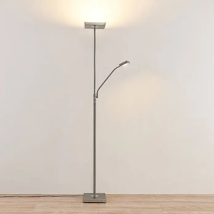 Lindby LED Stehlampe, Deckenfluter dimmbar, verstellbarer Lesearm -  - Silberne LED-Stehleuchte mit Deckenfluter und verstellbarem Lesearm, mit quadratischem Fuß und Oberteil.