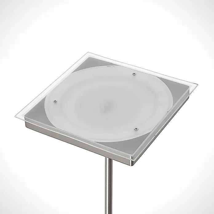 Lindby LED Stehlampe, Deckenfluter dimmbar, verstellbarer Lesearm -  - Quadratische Leuchte mit gebürstetem Metallrahmen, transparenter Deckplatte und runder Milchglas-Diffusor, auf Metallstange.