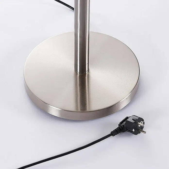 Lindby Stehlampe / Deckenfluter Metall Glas, Standleuchte Nickel satiniert -  - Lampenfuß aus gebürstetem Metall mit schwarzem Netzkabel und europäischem (Schuko-)Stecker.