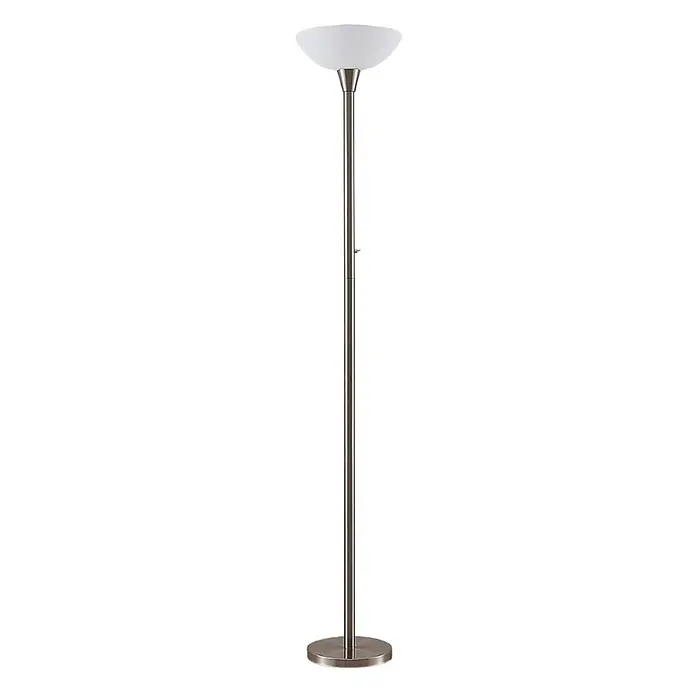 Lindby Stehlampe / Deckenfluter Metall Glas, Standleuchte Nickel satiniert -  - Moderne Stehlampe aus gebürstetem Nickel mit weißem, nach oben gerichtetem Glasschirm.