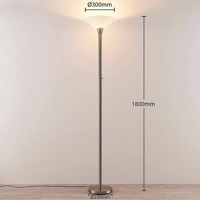 Lindby Stehlampe / Deckenfluter Metall Glas, Standleuchte Nickel satiniert -  - Stehlampe aus gebürstetem Metall mit weißem Deckenfluter-Schirm, 1800mm hoch. Maße: Schirm Ø300mm, Fuß Ø250mm.