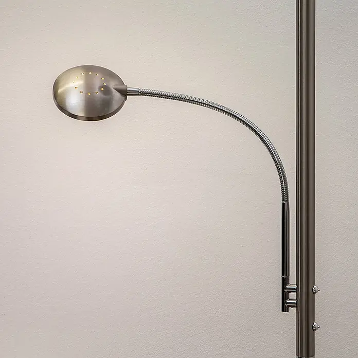 Lindby LED Stehlampe, Deckenfluter dimmbar, verstellbarer Lesearm -  - Stehlampe aus gebürstetem Metall mit flexiblem Schwanenhalsarm und flachem, rundem Kopf mit perforierten Lichtern.