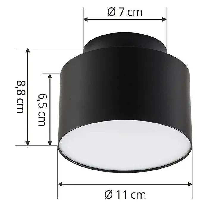 Lindby Deckenstrahler Nivoria - schwarz - Schwarze zylindrische Deckenleuchte mit weißem Diffusor, Ø 11 cm, H 8,8 cm, Montage Ø 7 cm.