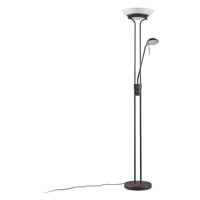 Lindby LED Stehlampe Wohnzimmer Deckenfluter dimmbar 183 cm rostfarben -  - Dunkelbraune Metall-Stehlampe mit weißem Glas-Deckenfluter und verstellbarer Leselampe.