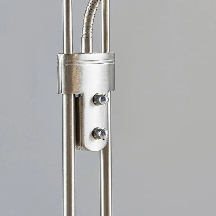Lindby LED Stehlampe Wohnzimmer Deckenfluter dimmbar 183 cm Nickel matt -  - Detail eines satinierten Nickel-Metall-Lampenarms mit zwei Einstellknöpfen und flexiblem Rohr.