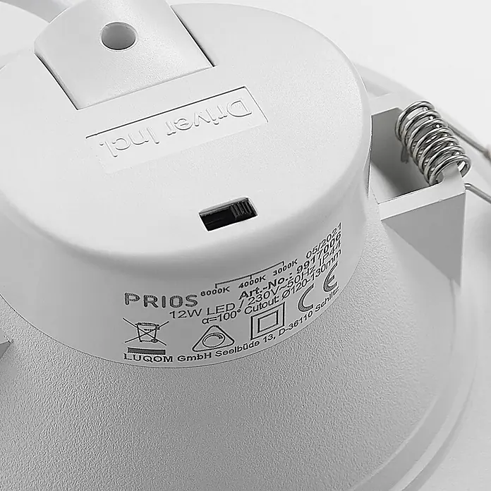 PRIOS LED Einbaustrahler in weiß, Spots Deckenleuchte -  - Weiße 12W LED-Einbauleuchte mit integriertem Treiber und aufgedruckten technischen Spezifikationen auf der Rückseite.