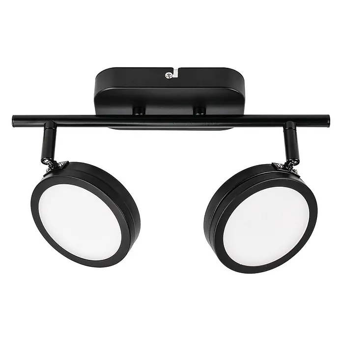 Lindby Deckenstrahler Neros - schwarz, schwarz, 2GX53 - Schwarze zweiflammige Deckenleuchte mit linearer Schiene und zwei verstellbaren, runden, flachen Leuchten mit weißen Diffusoren.