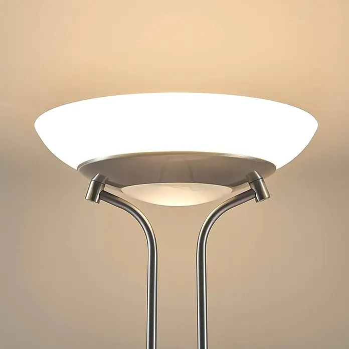 Lindby LED Stehlampe Wohnzimmer Deckenfluter dimmbar 183 cm Nickel matt -  - Beleuchtete moderne Stehleuchte mit weißem Schirm und gebürstetem silbernem Metallgestell, spendet warmes Licht.