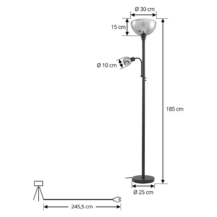 Lindby Deckenfluter in grau, schwarz, Stehlampe Wohnzimmer -  - Dunkelgraue Stehlampe mit silbernem Deckenfluter und verstellbarer Leselampe, 185 cm hoch, 245,5 cm Kabel.