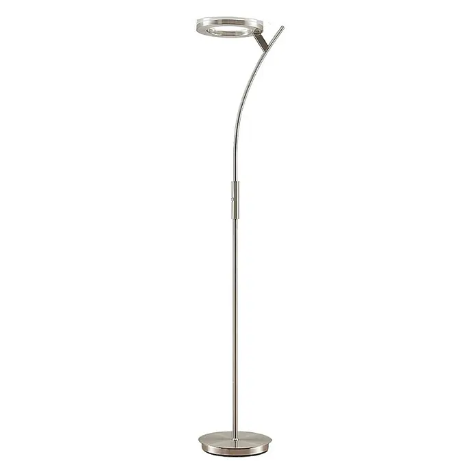Lindby LED Stehlampe, Deckenfluter dimmbar mit Touchdimmer, warmweiß 3000K -  - Silberfarbene Stehleuchte aus gebürstetem Metall mit rundem LED-Kopf, gebogenem Arm und rundem Sockel.