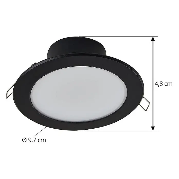 Prios Einbauleuchte - schwarz - Schwarzer LED-Einbaustrahler mit weißer Diffusorplatte, 9,7 cm Durchmesser und 4,8 cm Höhe.