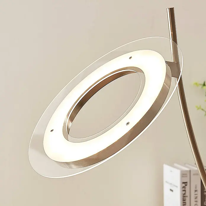 Lindby LED Stehlampe, Deckenfluter dimmbar mit Touchdimmer, warmweiß 3000K -  - Moderne LED-Leuchte mit elliptischem Lichtring, gebürstetem Metallrahmen und klarer Acrylschicht, beleuchtet.